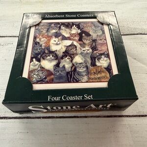 Stone Art Vintage Cat 4 Coaster Absorbent Set. Unused, made in USA.
